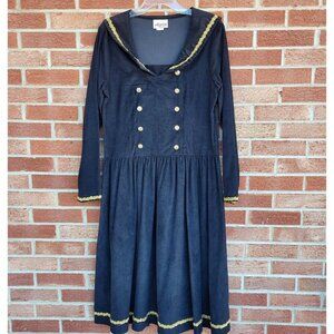Vintage Storybook Heirlooms Black Corduroy Sailor Dress Women's Sz 12 Gold Trim